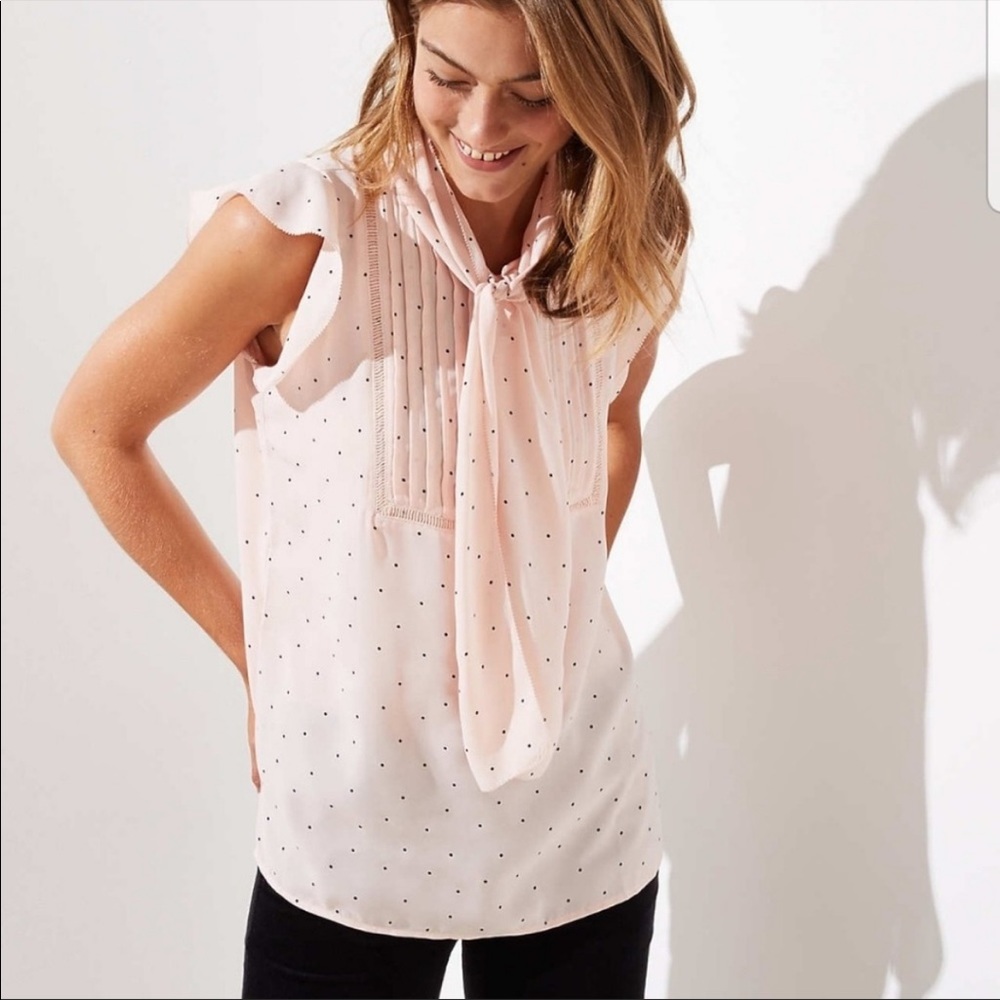 LOFT XS Pleated Tie-Front Pale Pink Polka Dot Top